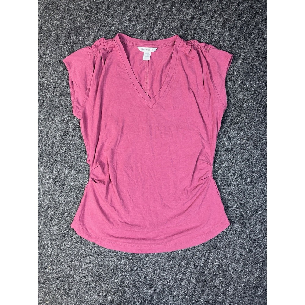 Athleta Effortless V-Neck Tee Medium Berry Rose Pink Short Sleeve Active
